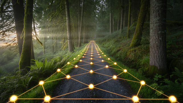Digital data network grid connecting on forest path - Powered by Adobe