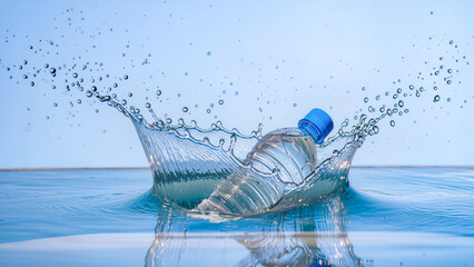 Freeze-motion image of a plastic bottle with a blue cap falling into clear blue water, creating a dramatic symmetrical splash and droplets. A clean, refreshing concept against a light blue background.
