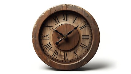 An antique-style wooden clock against a white backdrop, displaying Roman numerals on its face, showcasing hands