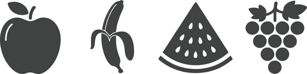 Silhouette illustrations of a ripe apple a curved banana a sliced watermelon and a bunch of grapes on transparent background © Masud