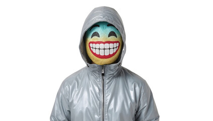 Person wearing shiny silver hoodie with smiling emoji mask on the transparent background, conceptual expression of emotions and identity