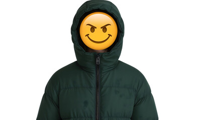 Mischievous emoji face with hooded green jacket on the transparent background, trendy anonymous expression, urban youth mood