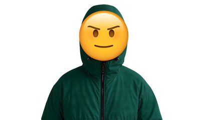 Confident emoji face overlay on person in green hooded jacket isolated on the transparent background