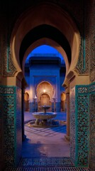 courtyard. Moonlit Arabic courtyard with geometric tiles and shadowed fountain. real-estate listings, architecture portfolios, designed for real-estate listing and luxury residence showcases.

