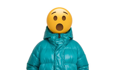 Surprised emoji face on person wearing teal puffy jacket isolated on the transparent background expression concept
