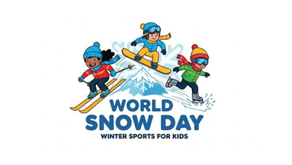 World snow day winter sports for kids illustration with children skiing and snowboarding