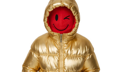 Gold puffer jacket with red winking smiley face hood, trendy urban outerwear fashion statement