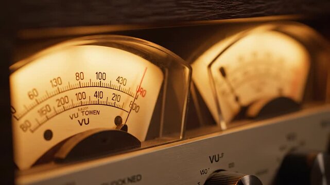 Vintage Audio Equipment close-up: A detailed glimpse into the warm glow of vintage audio equipment, showcasing classic VU meters, a symbol of audio quality and precision.