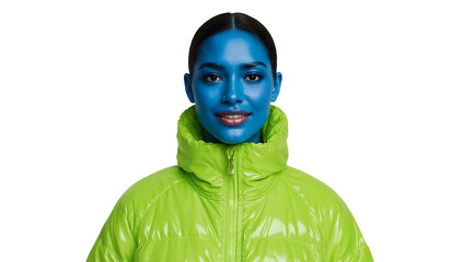 Woman with blue painted face wearing neon green puffer jacket on the transparent background, creative fashion concept