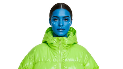 Woman with blue painted face and white stars wearing neon green puffer jacket on the transparent background