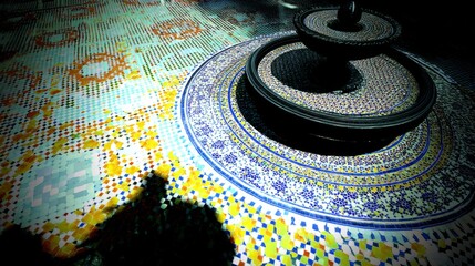 courtyard. Moonlit Arabic courtyard with geometric tiles and shadowed fountain. real-estate listings, architecture portfolios, designed for real-estate listing and luxury residence showcases.
