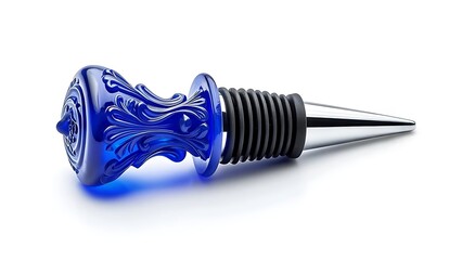 An elegant, blue, glass stopper with ornate carvings and a sleek chrome tip, perfect for a wine bottle