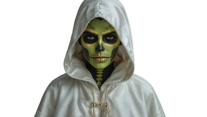 Mysterious person with green skull face paint in white hooded cloak isolated on the transparent background