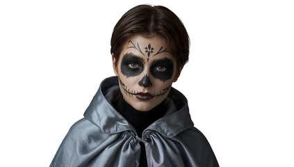 Young woman with skull face paint in silver cloak for day of the dead or halloween celebration on the transparent background