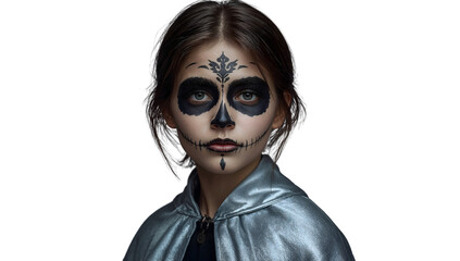 Girl with sugar skull makeup wearing silver cape isolated on white for halloween or dia de los muertos celebration