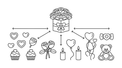 Gift of Romance: A collection of charming Valentine's Day gifts, including a floral box, individual roses, chocolates, cupcakes, candles, teddy bear, and heart-shaped balloons.