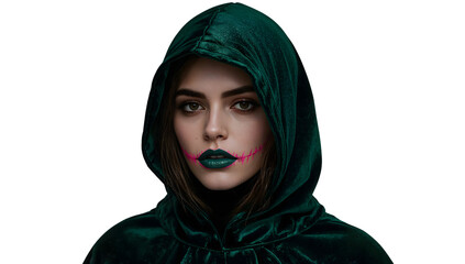 Mysterious woman in green velvet hood with halloween makeup and dark lips on the transparent background