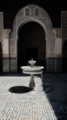 courtyard. Moonlit Arabic courtyard with geometric tiles and shadowed fountain. real-estate listings, architecture portfolios, designed for real-estate listing and luxury residence showcases.
