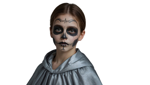Young girl with skull face paint wearing silver cloak isolated on the transparent background for halloween or day of the dead - Powered by Adobe