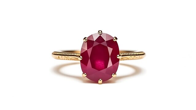 An elegant gold ring with intricate detailing, featuring a large oval, deep red gemstone set against a clean white backdrop