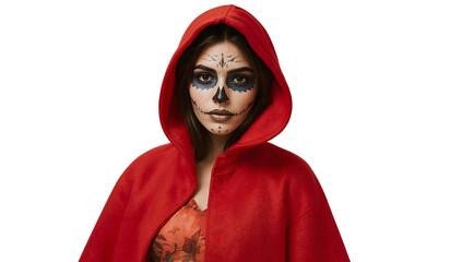 Woman in red hood with day of the dead face paint on the transparent background for halloween celebration concept
