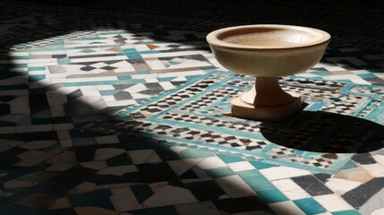 courtyard. Moonlit Arabic courtyard with geometric tiles and shadowed fountain. real-estate listings, architecture portfolios, designed for real-estate listing and luxury residence showcases.
