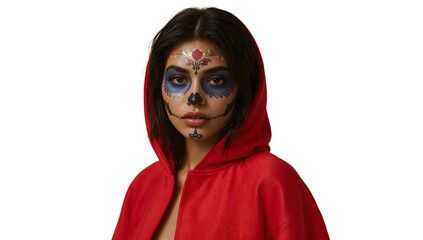 Young woman in red hood with dia de los muertos face paint on the transparent background, halloween makeup, mexican holiday, sugar skull art