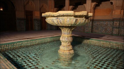 courtyard. Moonlit Arabic courtyard with geometric tiles and shadowed fountain. real-estate listings, architecture portfolios, designed for real-estate listing and luxury residence showcases.
