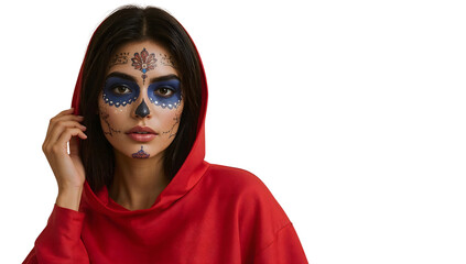 Young woman with dia de los muertos face paint in red hoodie on the transparent background