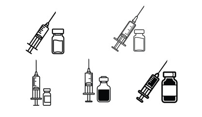 Obraz premium Syringe and Vial Medical Icon Vector EPS – Vaccination Symbol Minimal black and white syringe and vial medical icon, EPS vector, professional healthcare vaccination design.