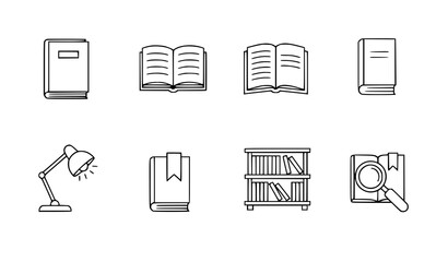 Book line icons vector set with textbook, open book, page, and literature editable stroke illustrations