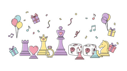 Chess Pieces and Celebration Elements: A whimsical array of chess pieces and festive decorations, illustrating the combination of strategy and celebration with playful imagery. © azizunnahar
