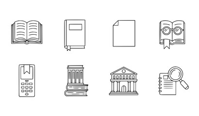 Comprehensive book and literature vector icon set with editable stroke line illustrations for reading and education