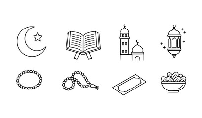 Minimalist Ramadan icon set vector with crescent, Quran, mosque, lantern, and prayer thin line illustrations