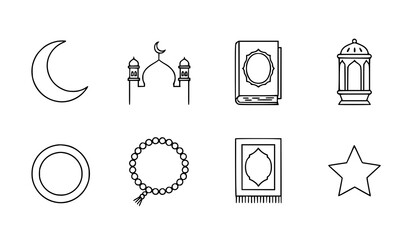 Ramadan line icon vector set with crescent moon, mosque, lantern, Quran, and Islamic thin line icons