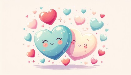 Cute cartoon hearts with smiling faces and colorful surroundings