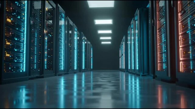 Futuristic Data Center with Glowing Servers and Flowing Digital Data