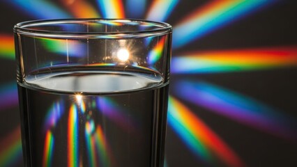 Glass of water refracting rainbow light spectrum, science concept