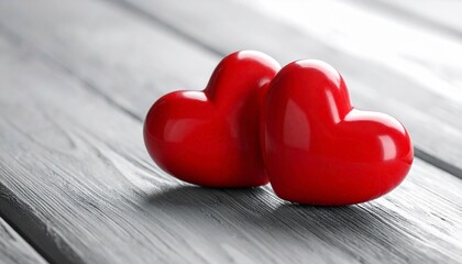 Fototapeta premium Two glossy red hearts intertwined on gray wooden surface, symbolizing romantic love and couple bond. Perfect for Valentine's Day cards and backgrounds