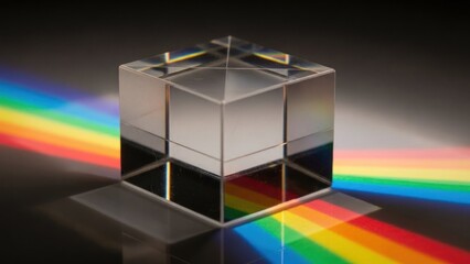 Glass prism splitting light into rainbow spectrum, science experiment
