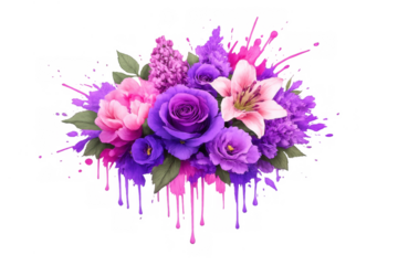 Vibrant floral bouquet with purple and pink blossoms, roses, lilies, and expressive paint drips on transparent background