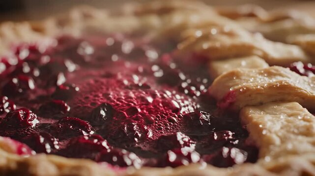 Berry Galette close-up: A close-up shot of a rustic galette with a vibrant berry filling, steam rising from the hot, baked crust, a tantalizing display of a perfect dessert.