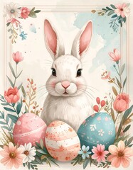 Watercolor Easter Bunny with Decorated Eggs.