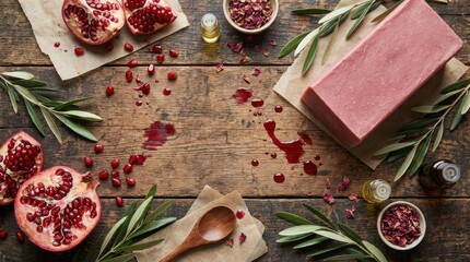 Natural pomegranate soap bar with ingredients on wooden table
