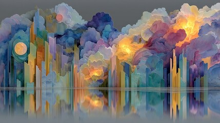Abstract Cityscape with Colorful Clouds and Reflective Water Surface