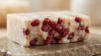 Handmade soap bar with pomegranate seeds on wet stone