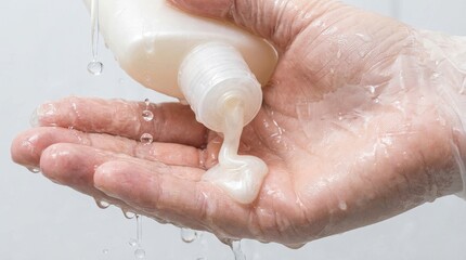 Pouring pearlescent liquid soap into palm in shower
