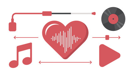 Musical Pulse: A captivating graphic visualizes the rhythm of music as it resonates through a heart. Musical notes and vinyl record complement the emotional music connection.