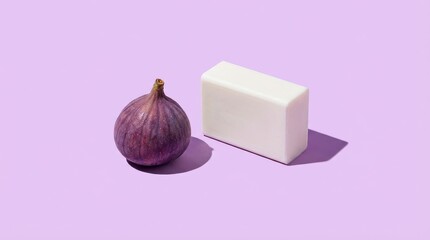 Fresh fig fruit and white soap bar on purple background