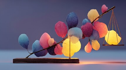 Soft Colorful Leaves with Balance Scale on Minimalist Background